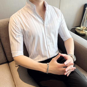雅痞个性青年条纹V领衬衫男中袖帅气修身休闲立领痞帅衬衣C07-P68图片