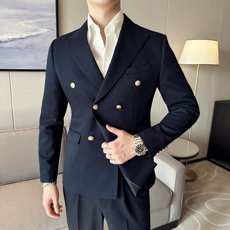 布雷泽英伦韩版修身男士纯色金属纽扣双排扣西服套装LJT890-P230,男装西服套装,电商C308