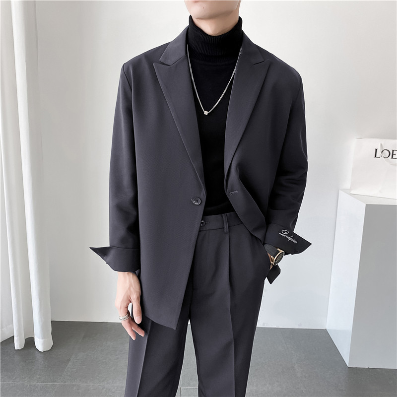 ins轻熟风英伦纯色西服阔版宽松休闲小西装单外套X27刺绣-P150，男装西服套装，电商C308