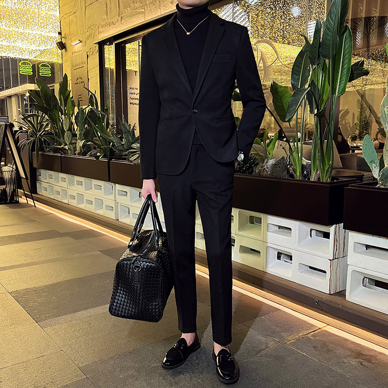秋冬英伦韩版修身男士商务休闲一粒扣呢料西服套装黑色LJT33-P220，男装西服套装，电商C308