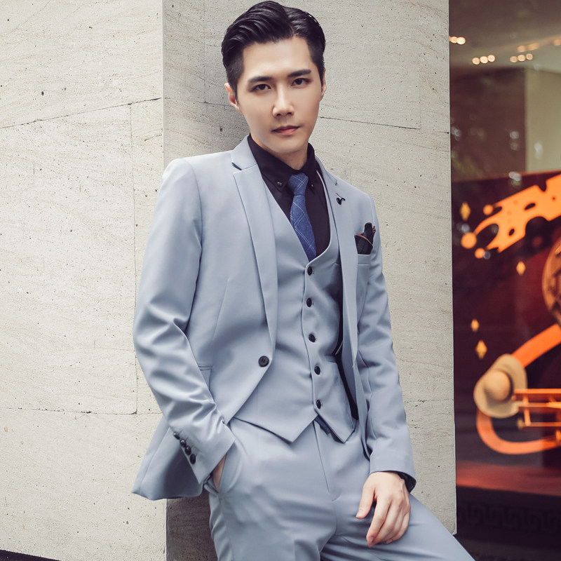 秋冬高品质韩版修身纯色男士西服三件套新郎西服套装SJT955-P265，男装西服套装，电商C308