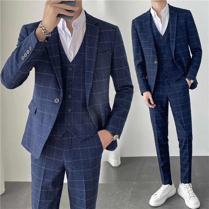 轻熟风ins秋冬韩版修身男士休闲格子西服三件套装SJT905-P280，男装西服，电商C308