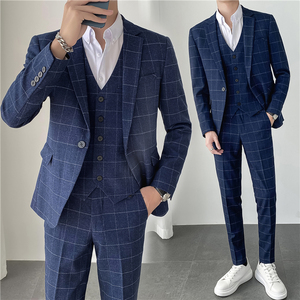 轻熟风ins秋冬韩版修身男士休闲格子西服三件套装SJT905-P280，男装西服，电商C308