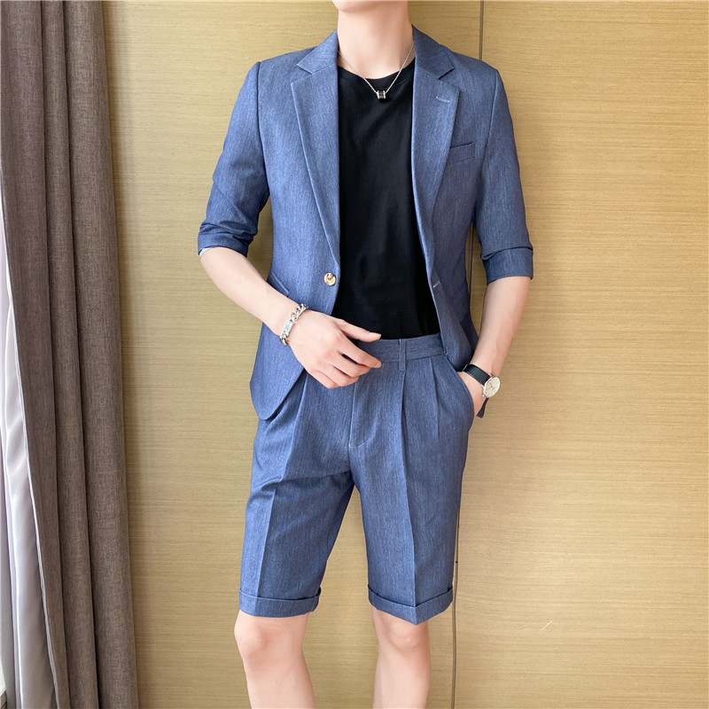 痞雅高级感休闲纯色中袖男士西服+英伦时尚短西裤套装TZ04-P210，男装西服，电商C308