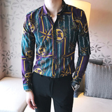 春夏新款复古潮流印花男士长袖衬衫休闲潮男长袖花衬衫C1-P55，男装衬衫，电商C308