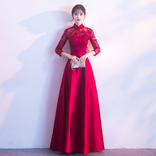大合唱演出服立领长袖舞台钢琴表演诗歌朗诵独奏主持人服装酒红色
