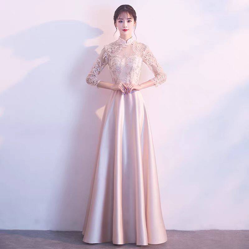 长款合唱服新款中式立领显瘦优雅聚会婚礼主持长袖晚礼服女