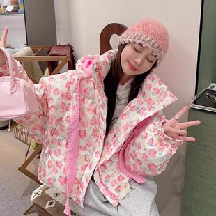 韩版 新款 可爱花朵飘带棉衣服女 面包服冬季 2025宽松连帽加厚绒短款