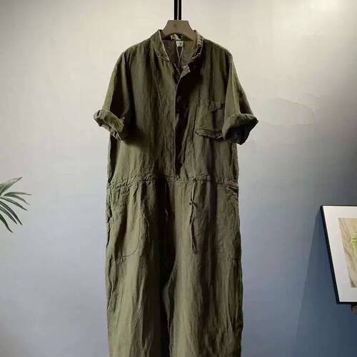 夏季复古港风时尚街头风抽绳收腰半开扣净色宽松舒适棉麻连体裤