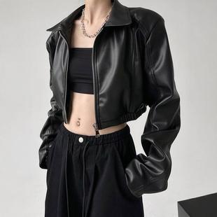 复古长袖 上衣美式 翻领皮衣外套女 甜酷妹机车夹克短款 2024春秋新款