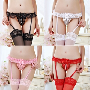 2 bộ cáp treo sexy cô gái thongs T quần màu đen và trắng garter đồ lót + ren vớ