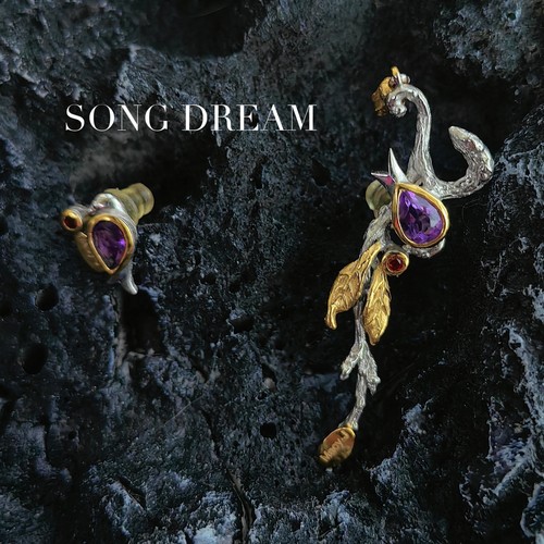 SONGDREAM暗黑艺术不对称设计师藤蔓天然紫水晶耳钉耳饰925银甜酷