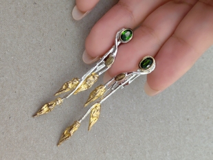 荆棘 艺术生设计师925银镀金橄榄枝耳环天然透辉石耳钉耳坠女气质