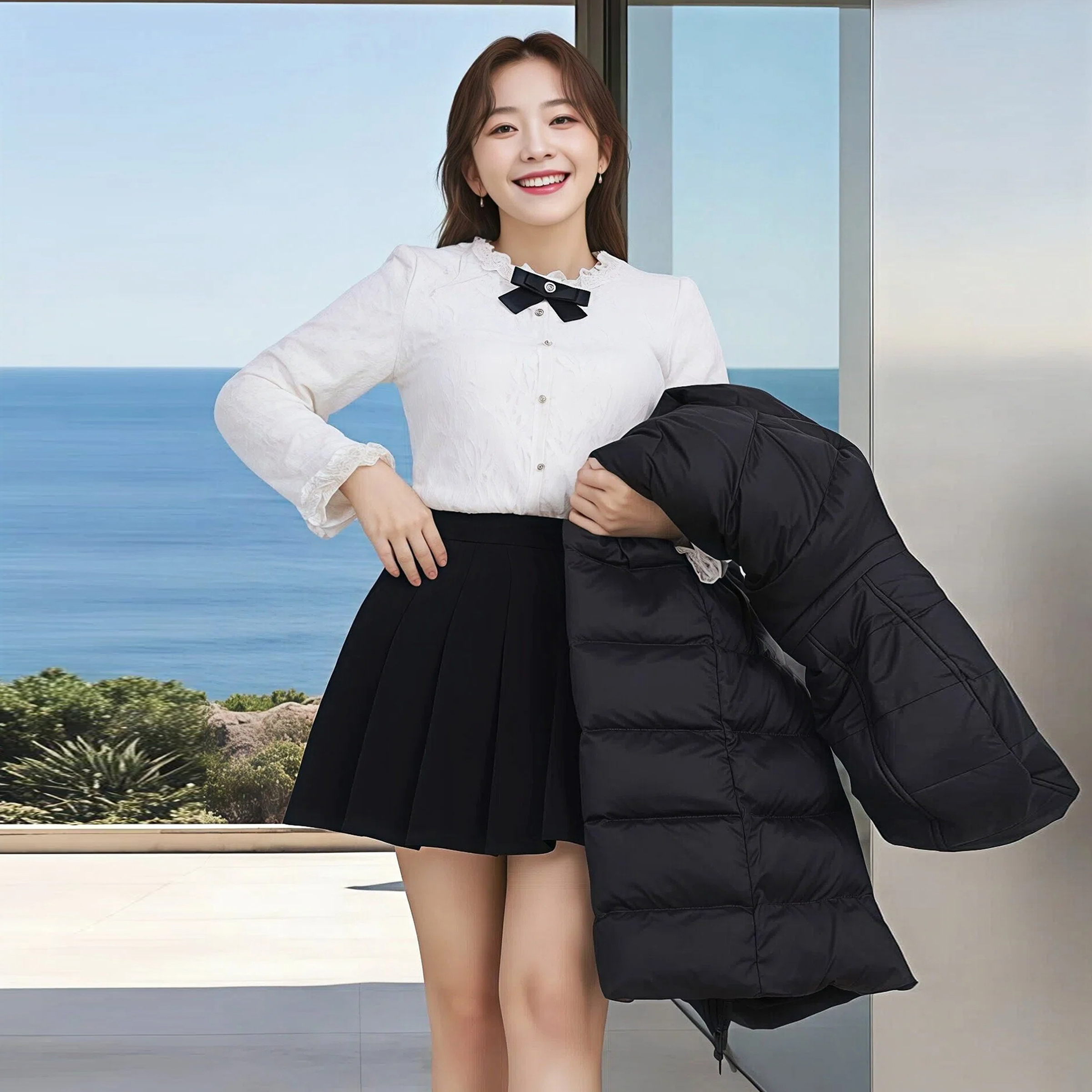 冬季大码内搭木耳边绒面蕾丝衬衫