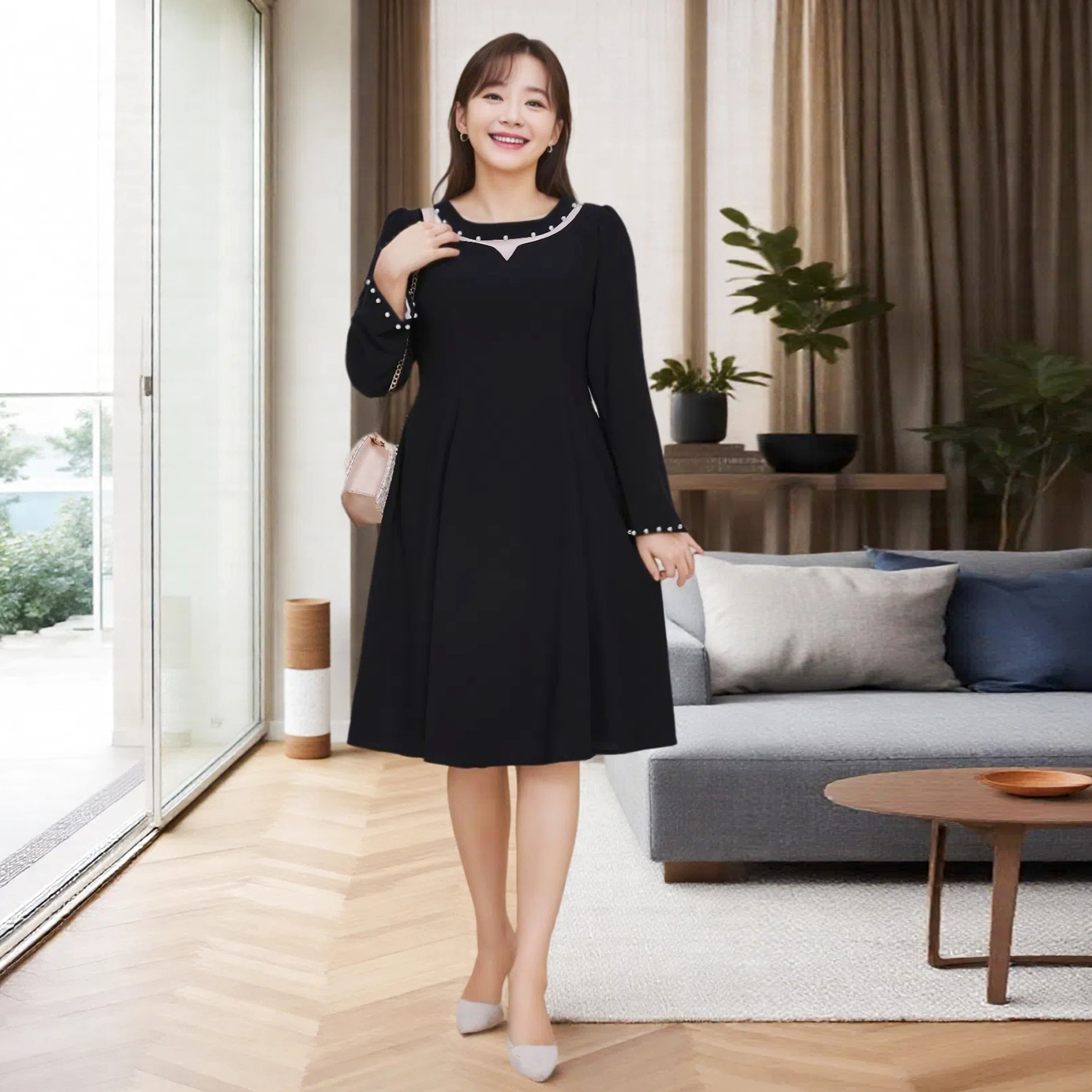 优雅风小黑裙大码女装2025秋季新款胖MM气质透视感显瘦钉珠连衣裙