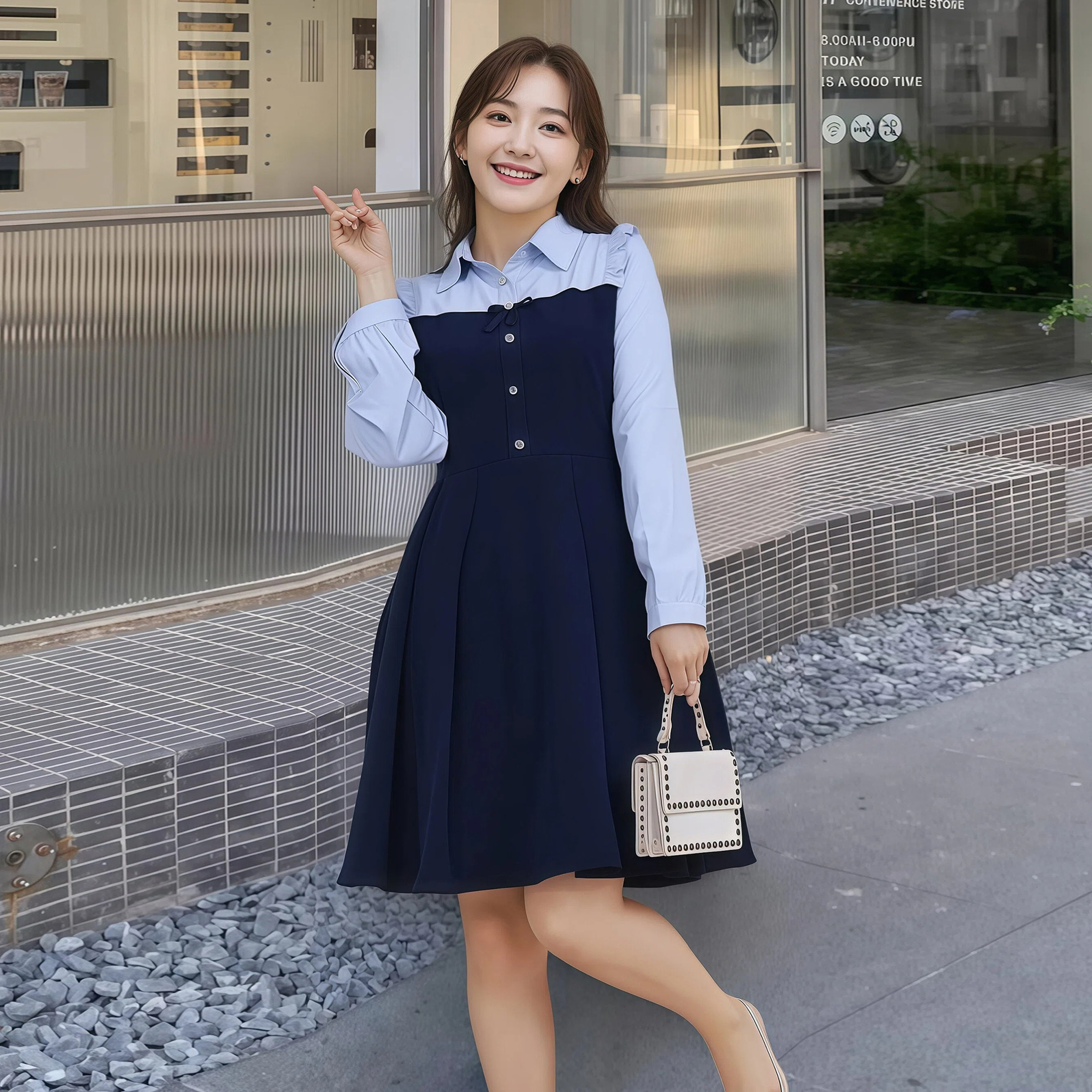 2026春季大码女装新款胖MM韩版显瘦小清新木耳边拼接衬衫领连衣裙