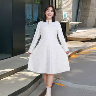 冬季新款大码女装胖MM显瘦新中式内搭裙真毛袖圈一体绒提花连衣裙