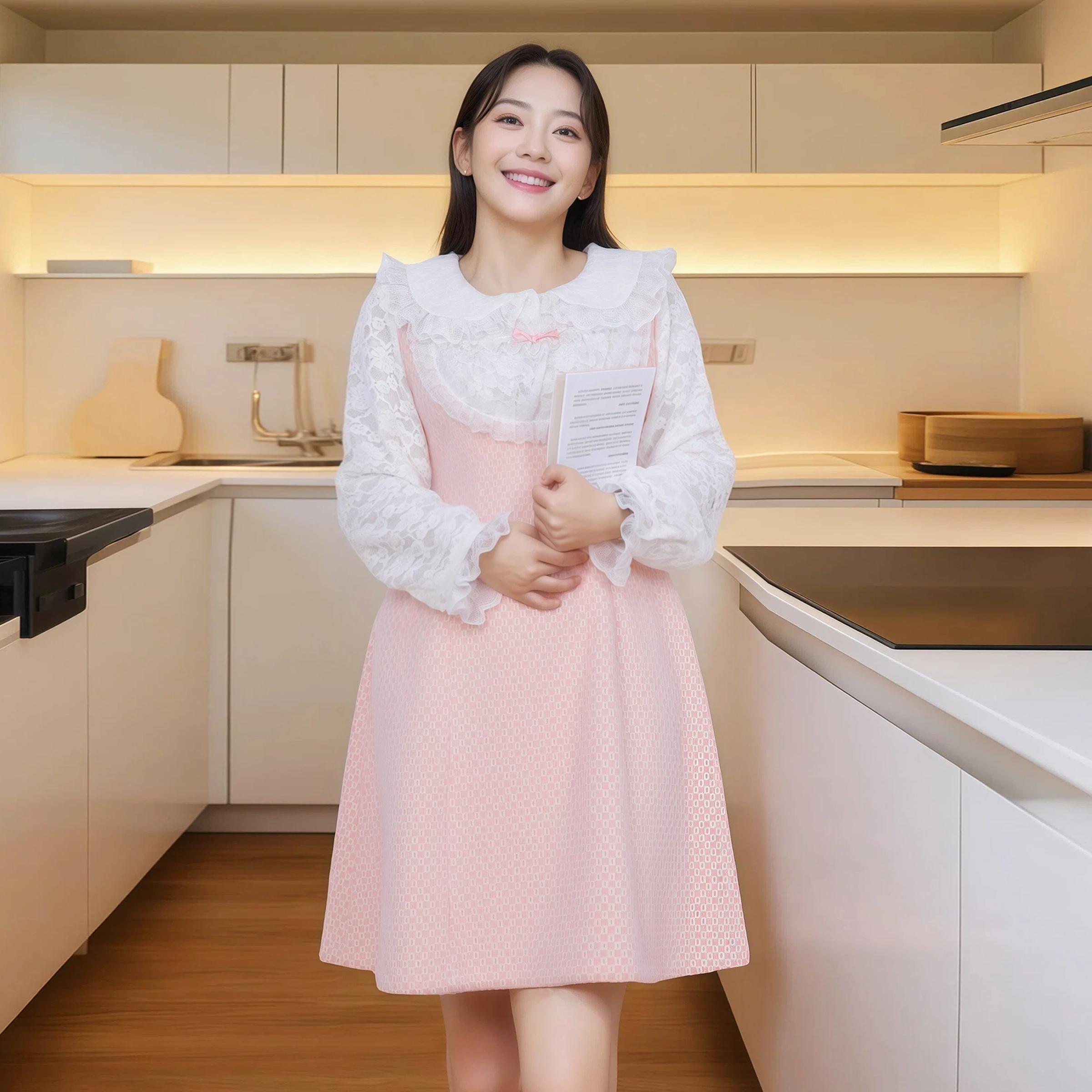 大码女娃娃领绒毛蕾丝格纹连衣裙