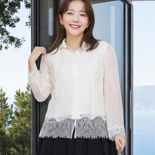 胖mm蕾丝拼接遮pp衬衫 大码 上衣200斤新款 宽松透气打底开衫 女秋季