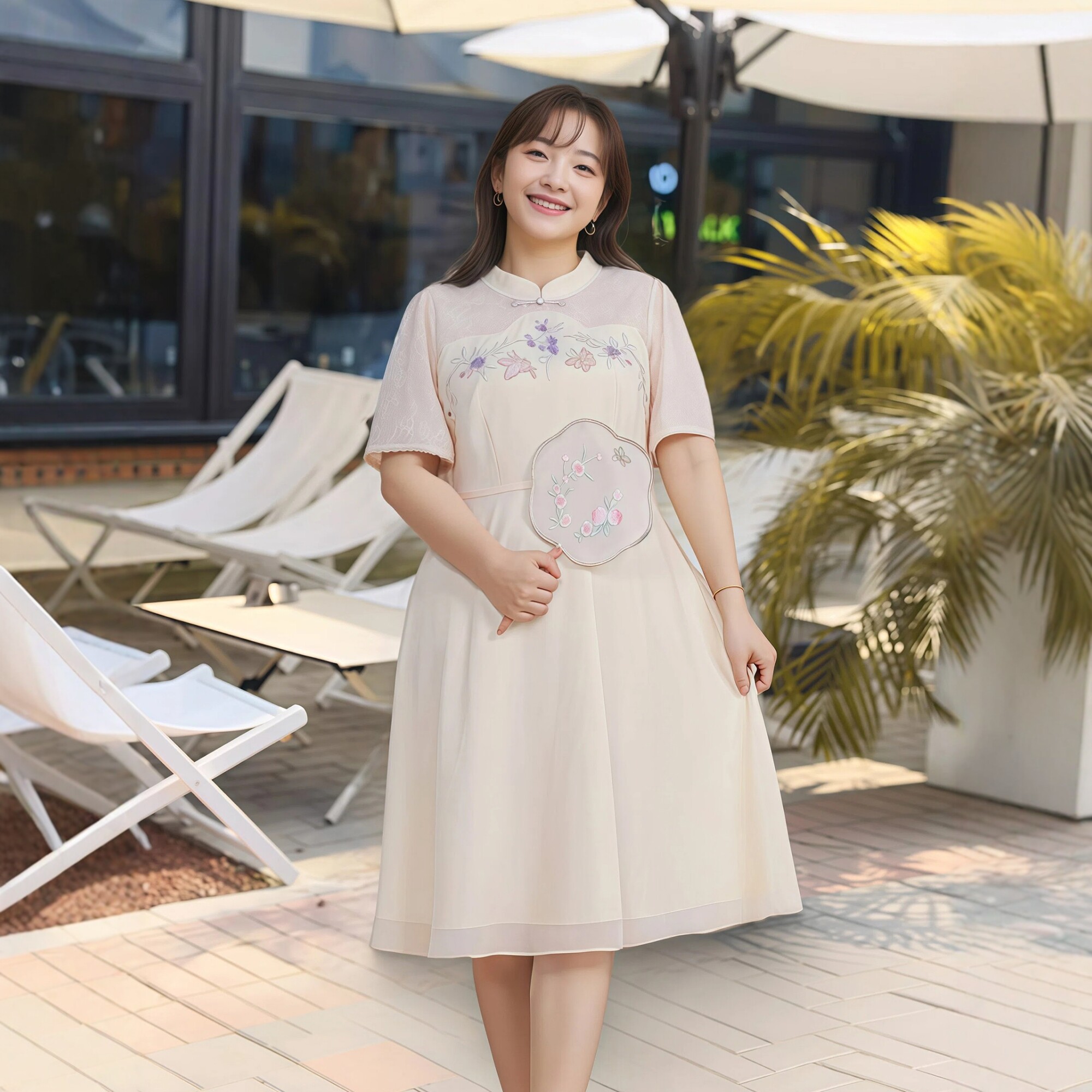 2026夏季新款大码女装胖MM复古轻国风刺绣蕾丝花网拼接雪纺连衣裙