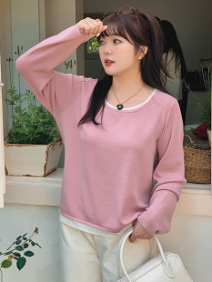 圆领假两件上衣胖mm宽松撞色显瘦针织衫 2026春季 女装 大码 通勤 新款