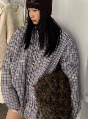 韩国2025冬季新款格纹夹棉衬衣女棉服中长款拼接裙摆个性慵懒外套