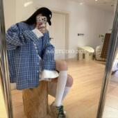 女宽松中长外搭宽松翻领设计感女 假两件衬衫 2025春季 蓝色格子长袖