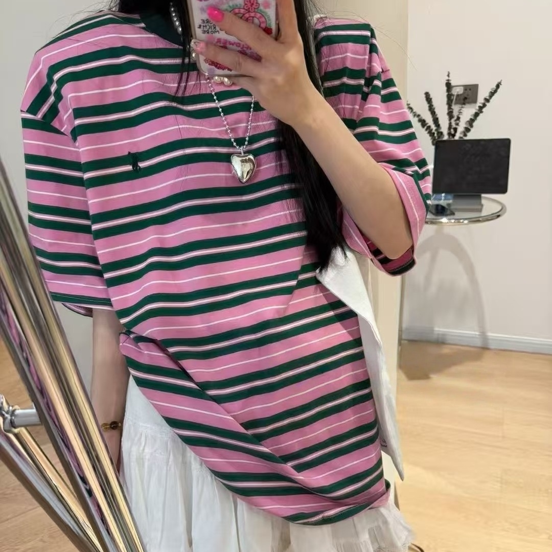 2025韩国风夏季新款条纹撞色卡通印花薄款长袖防晒T恤女中长上衣