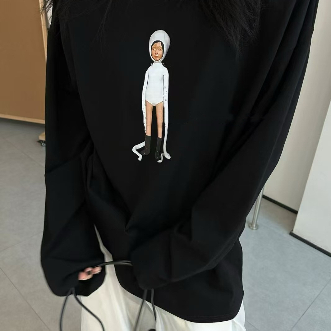2025春季新款韩版宽松显瘦百搭卡通人物印花长袖T恤设计感上衣女