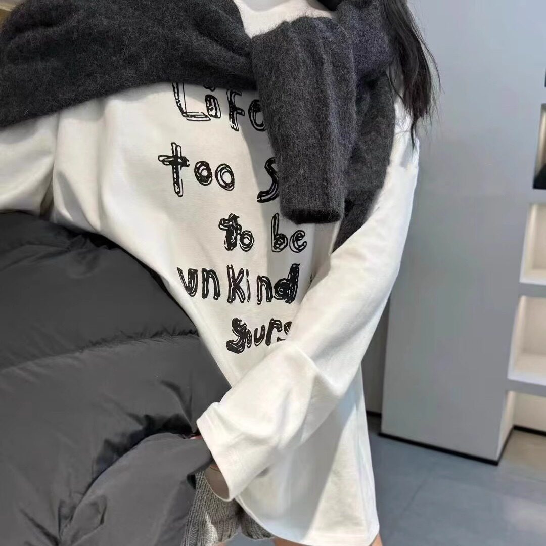 冬季设计感重影字母印花宽松磨毛加绒打底衫白色T恤慵懒风内搭潮