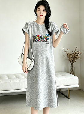 小众飞飞袖孕期妈妈裙短袖t恤裙女宽松休闲开叉中长裙夏季连衣裙