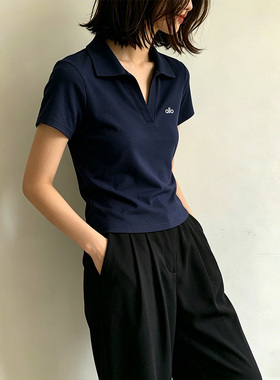 刺绣polo领正肩短袖T恤女夏季设计感小众短款独特别致上衣服体恤