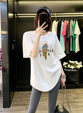 大码显瘦短袖t恤女中长款内搭打底衫女弧形下摆夏季新款别致上衣