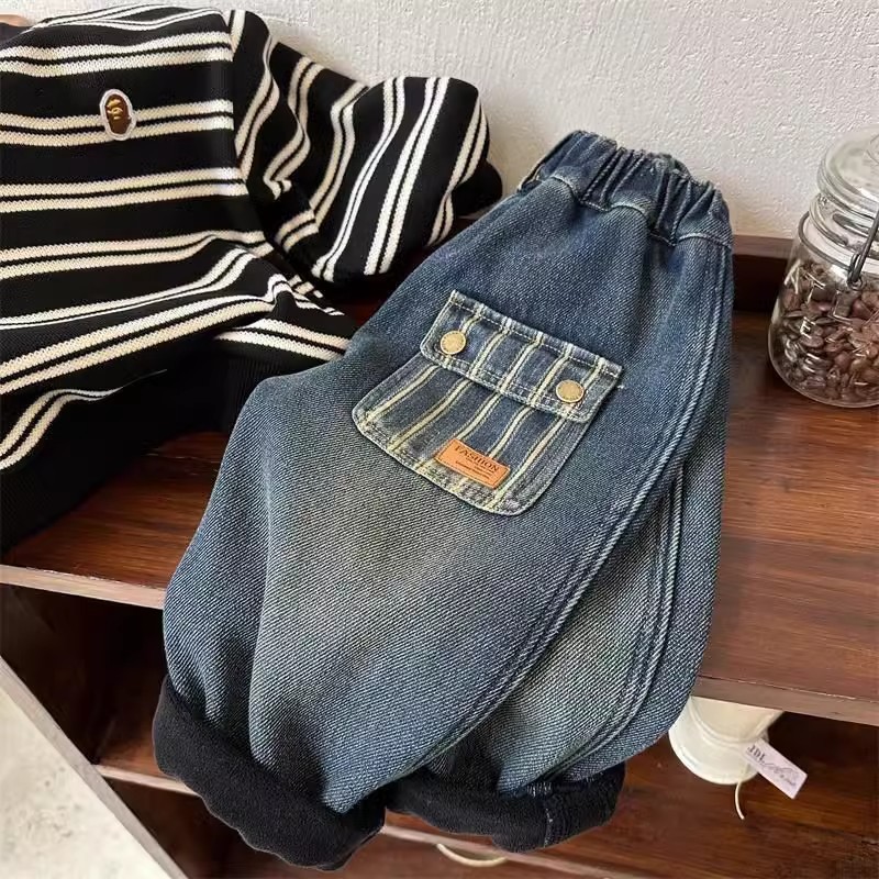 儿童牛仔裤男童2024冬季长裤宝宝口袋童裤女加绒运动风加绒加厚