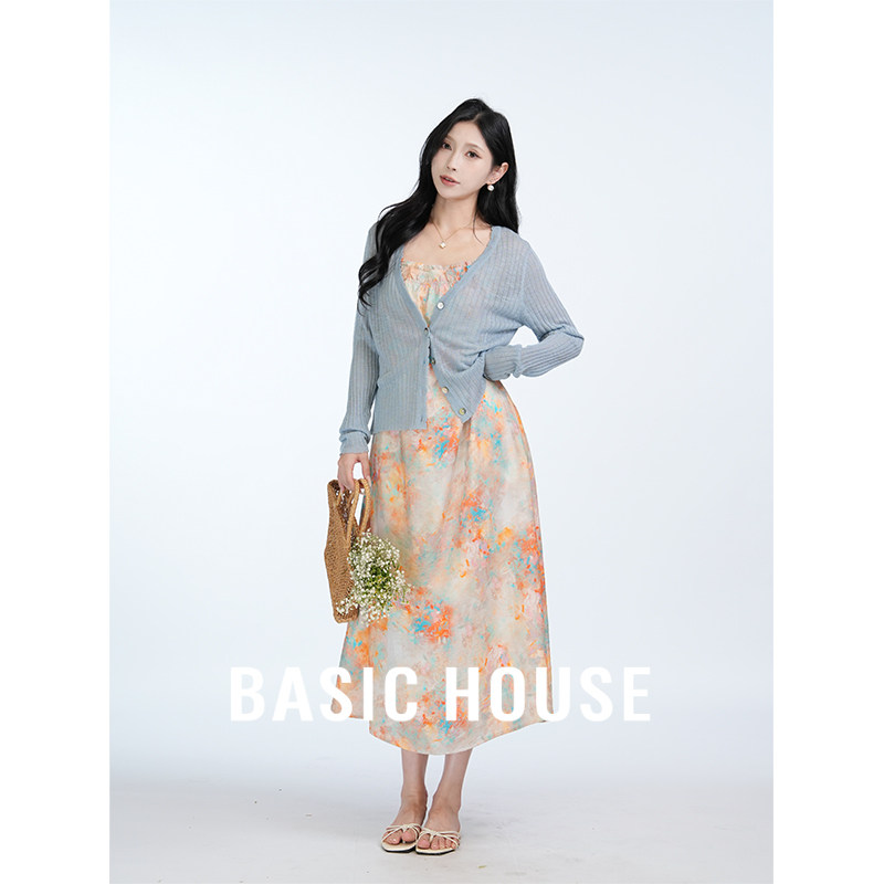 Basic House/百家好蓝色针织毛衣开衫小众碎花吊带裙两件套装女秋
