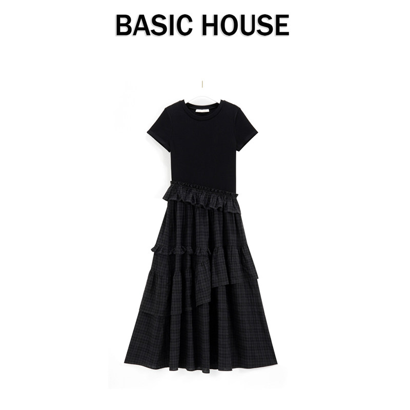 Basic House/百家好复古格纹蛋糕连衣裙子女夏巨好看的夏日小裙子