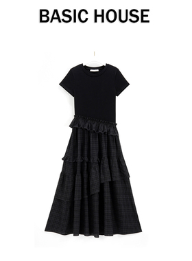 Basic House/百家好复古格纹蛋糕连衣裙子女夏巨好看的夏日小裙子