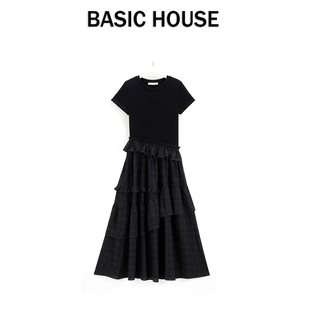 Basic House/百家好复古格纹蛋糕连衣裙子女夏巨好看的夏日小裙子