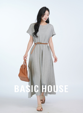 Basic House/百家好 灰色T恤连衣裙女夏法式气质短袖收腰显瘦裙子