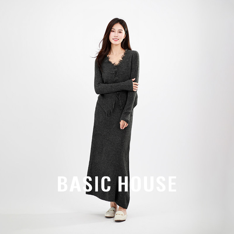 Basic House/百家好针织毛衣套装女高级感长袖上衣半身裙两件套装