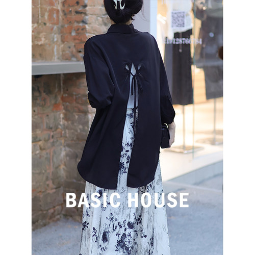 Basic House/百家好 后背镂空绑带长袖衬衫女设计感小众防晒衬衣