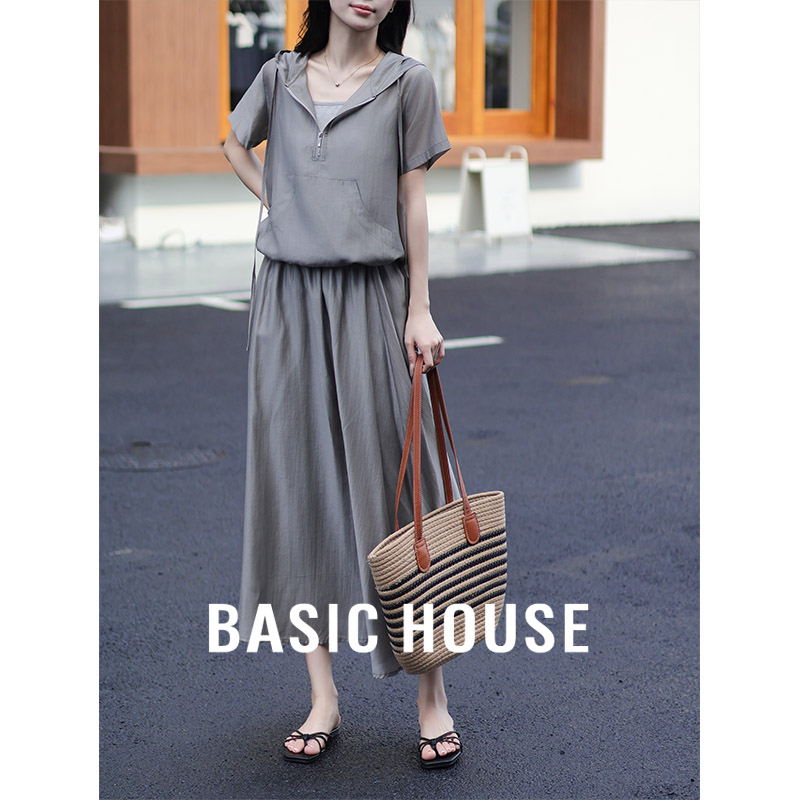 Basic House/百家好 莱赛尔连帽抽绳微透巨好看的夏天两件套装女