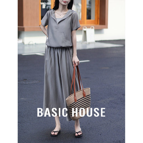 Basic House/百家好 莱赛尔连帽抽绳微透巨好看的夏天两件套装女