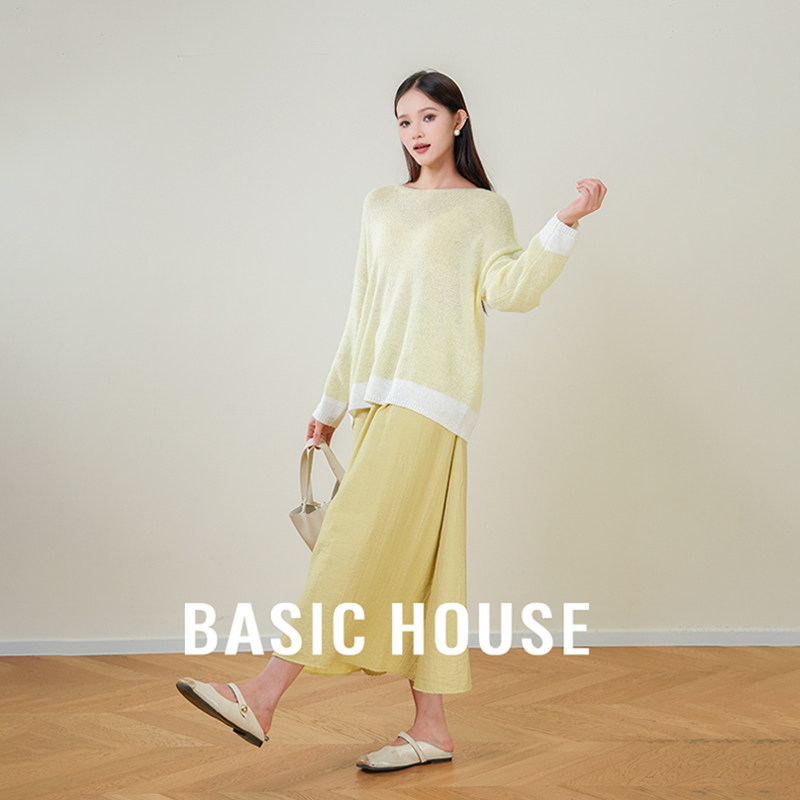 Basic House/百家好 温柔风宽松撞色针织衫绝美半身裙两件套装女