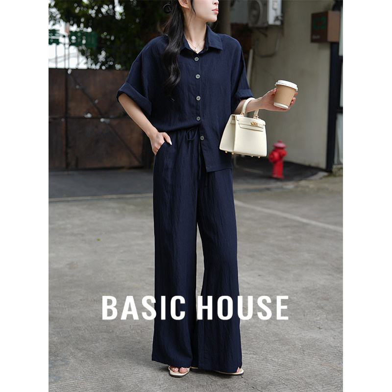 Basic House/百家好藏青衬衫七分袖韩系夏日穿搭一整套两件套装女
