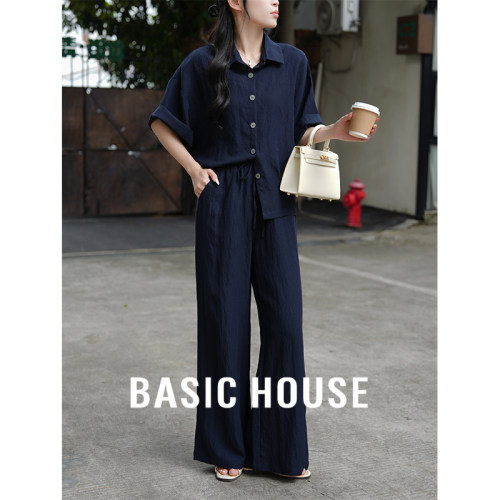Basic House/百家好藏青衬衫七分袖韩系夏日穿搭一整套两件套装女