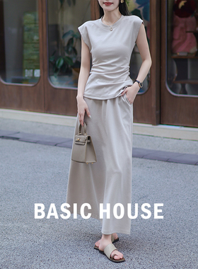 Basic House/百家好 夏季减龄一整套穿搭灰色T恤半身裙两件套装女