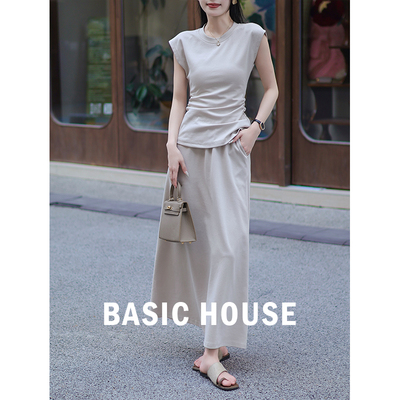 Basic House/百家好 夏季减龄一整套穿搭灰色T恤半身裙两件套装女
