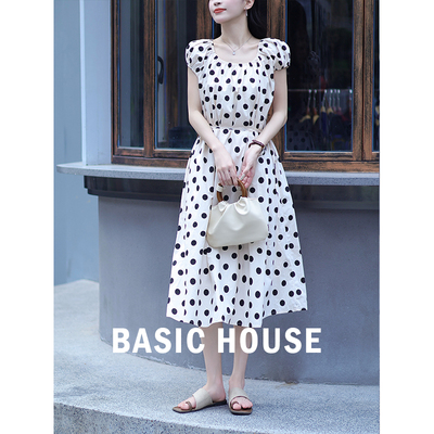Basic House/百家好 泡泡袖波点连衣裙女夏季法式气质小个子裙子