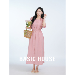 Basic House/百家好 抽绳绑带收腰粉色连衣裙夏日绝美莱赛尔裙子